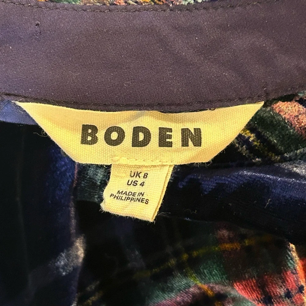 Boden Velvet Plaid Puff Sleeve Top - Navy, Red & Green size US 4 UK 8